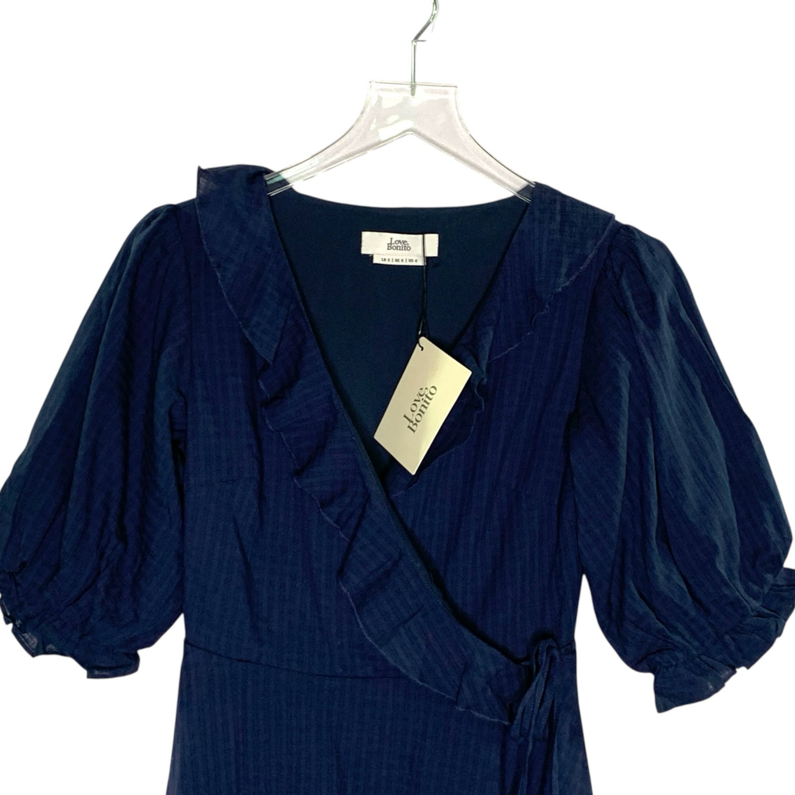 Love Bonito 4 New Lela Textured A Line Wrap Dress Navy Ruffle Coquette Feminine — image 5 of 8